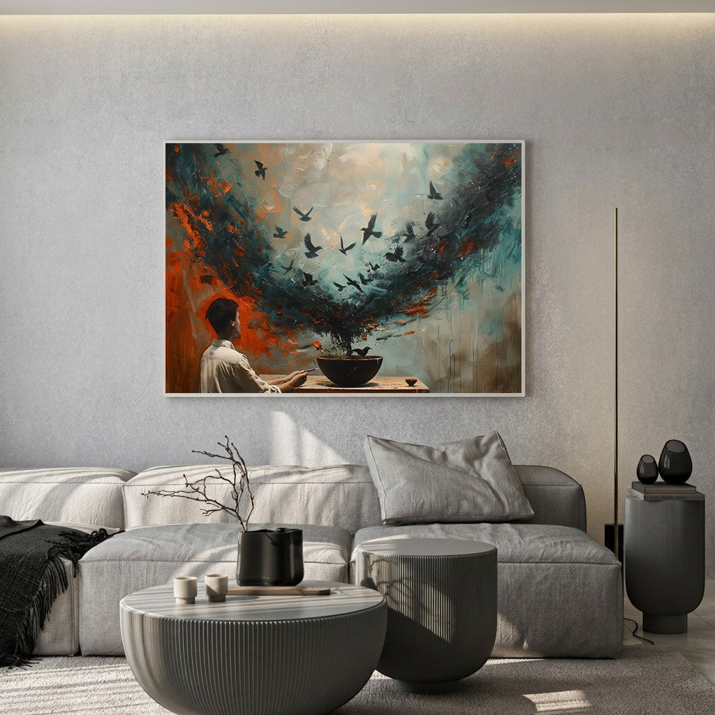 Wadi Home abstract wall art depicting a figure releasing birds into a vibrant sky with oranges, blues, and earthy tones.
