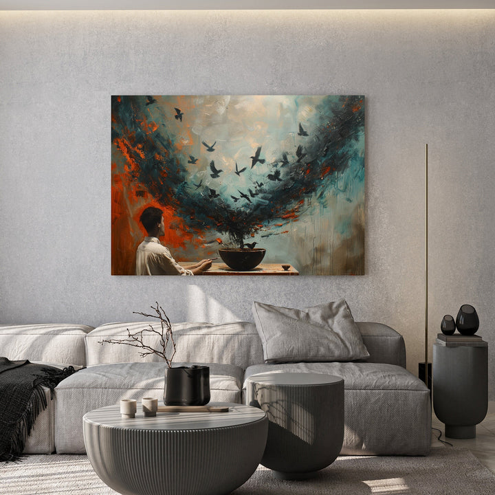 Wadi Home abstract wall art depicting a figure releasing birds into a sky of oranges, blues, and earthy tones.