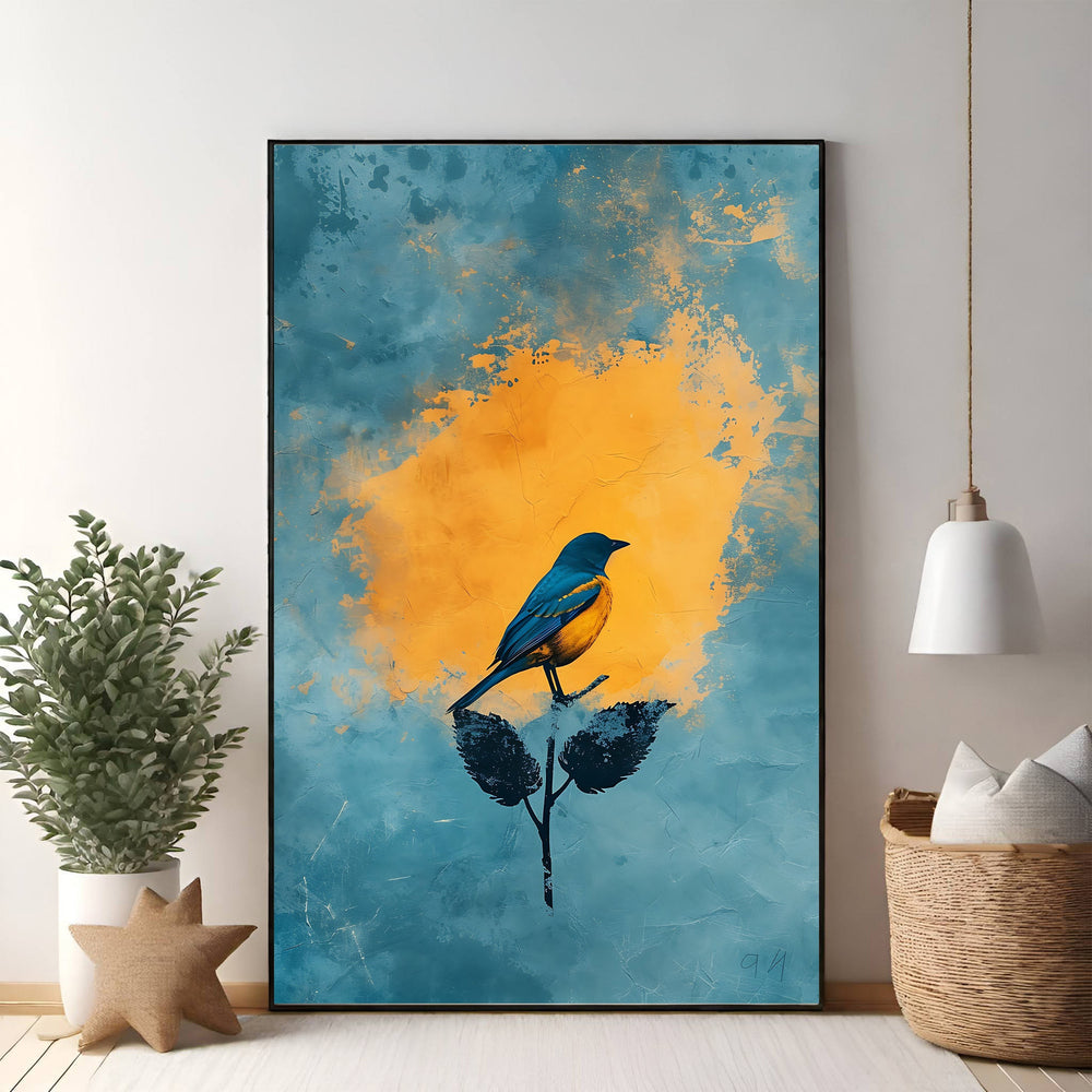 Wadi Home abstract wall art featuring a blue and yellow bird on a branch with textured blue and orange background.