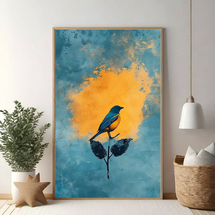 Wadi Home abstract wall art featuring a blue and yellow bird on a branch with abstract blue and orange background.