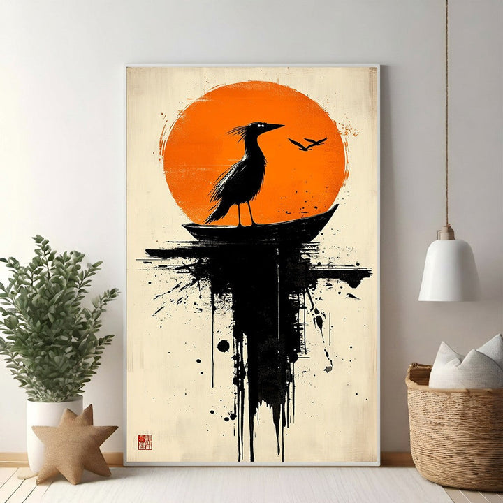 Wadi Home abstract wall art: black bird silhouette on a boat against an orange sun with ink splatters.