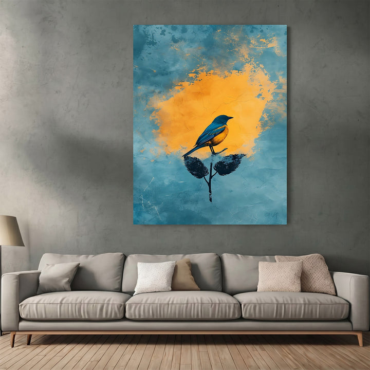 Wadi Home abstract bird wall art print featuring a blue bird silhouette against a vibrant yellow sun on a blue background