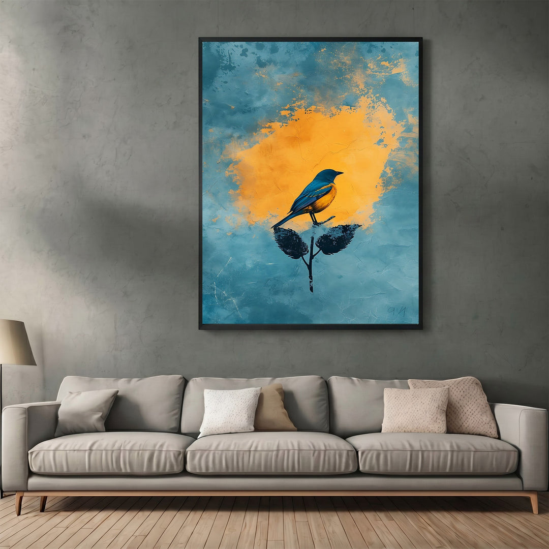 Wadi Home abstract bird wall art print featuring a blue bird against a yellow sunburst on a moody blue background.