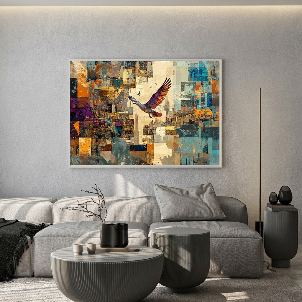Wadi Home abstract bird wall art print with geometric patterns in blue and orange hanging above a modern grey sofa.
