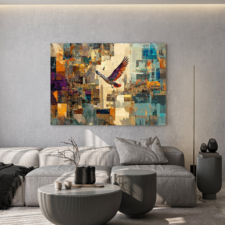 Wadi Home abstract bird wall art print featuring geometric shapes in blue, orange, and brown above a modern sofa.