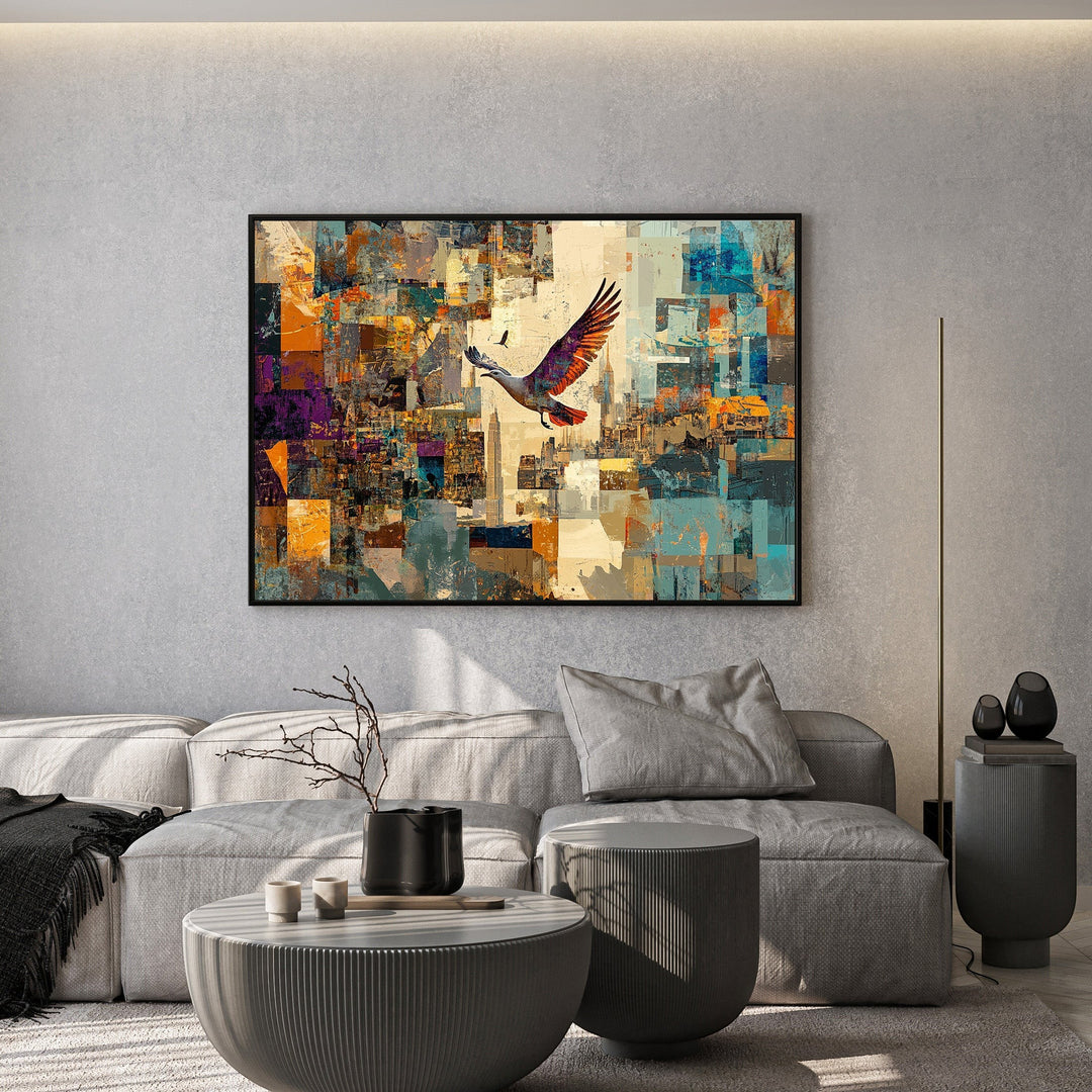 Wadi Home abstract bird wall art print featuring a flying bird over geometric shapes in blue, orange, and brown tones.
