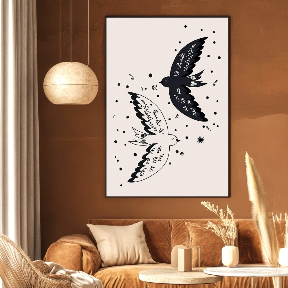 Wadi Home abstract flying birds wall art print in a minimalist black and white design hanging in a modern living room