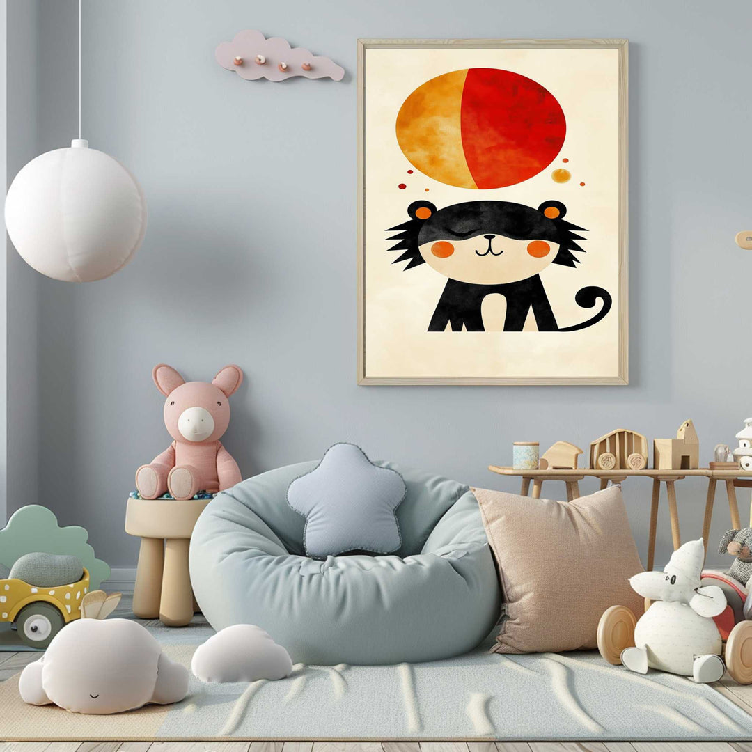 Wadi Home abstract black panther art with orange-red sunburst, perfect for a child's nursery or play area.