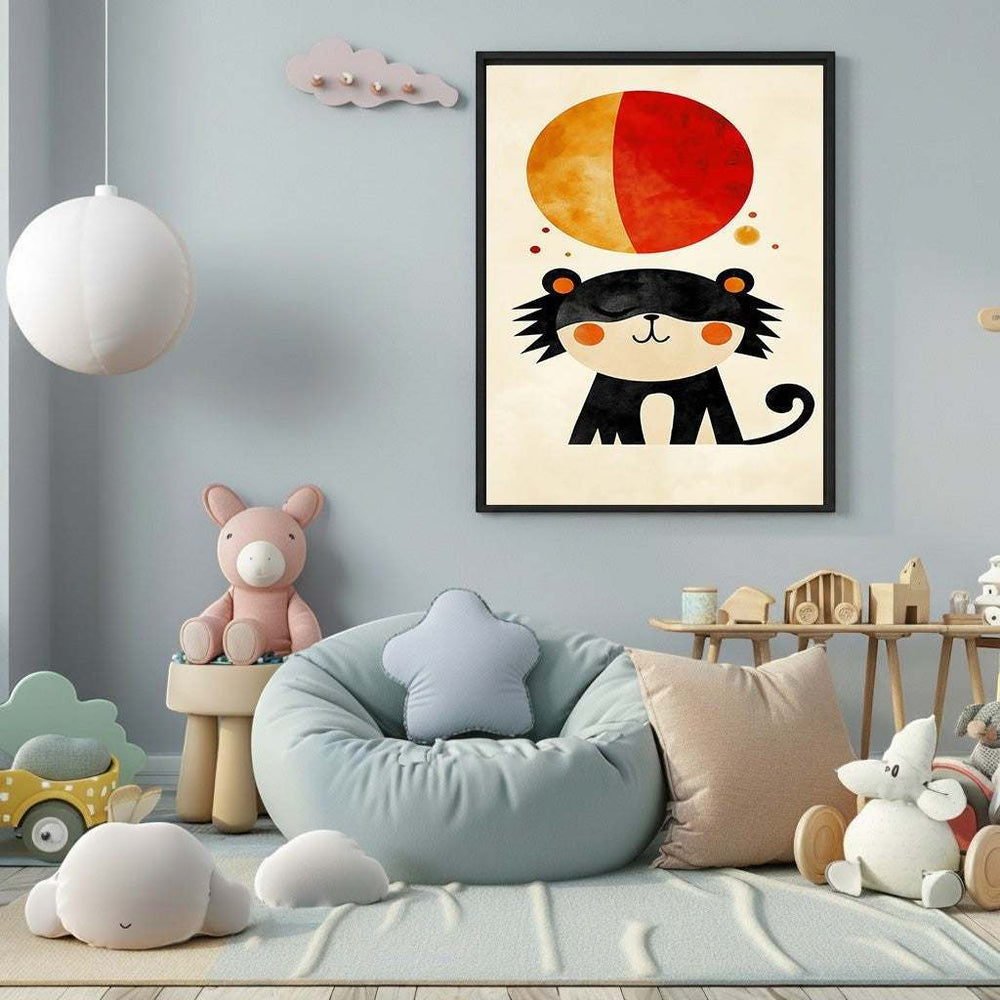 Wadi Home abstract black panther art with orange-red sunburst, perfect for a child's room.