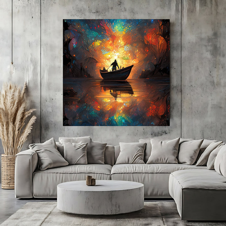Wadi Home abstract boat wall art canvas print featuring vibrant colors and a silhouette on a modern living room wall.