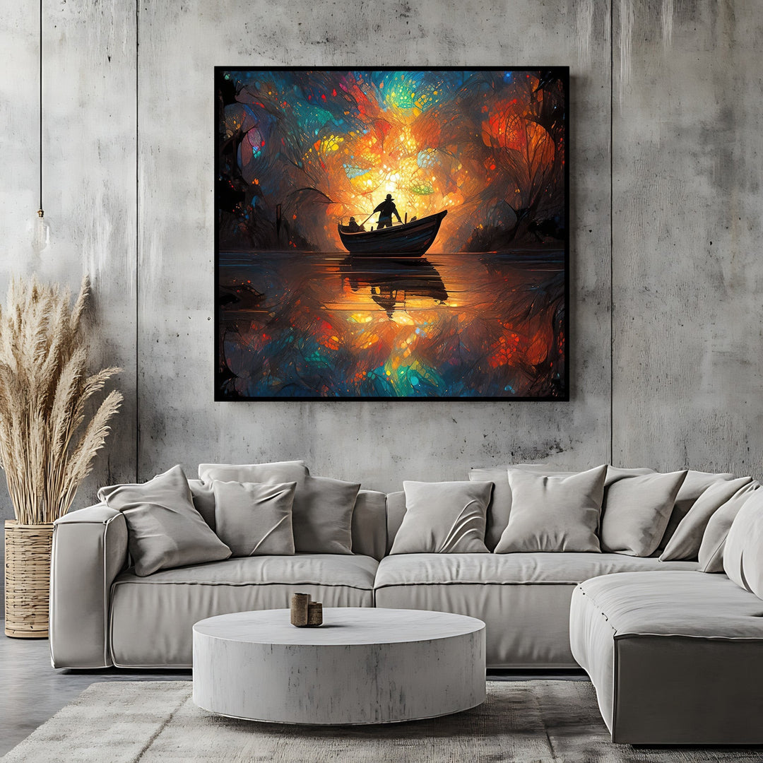 Wadi Home abstract boat wall art in a black frame, featuring vibrant colors and a reflection on a modern living room wall.