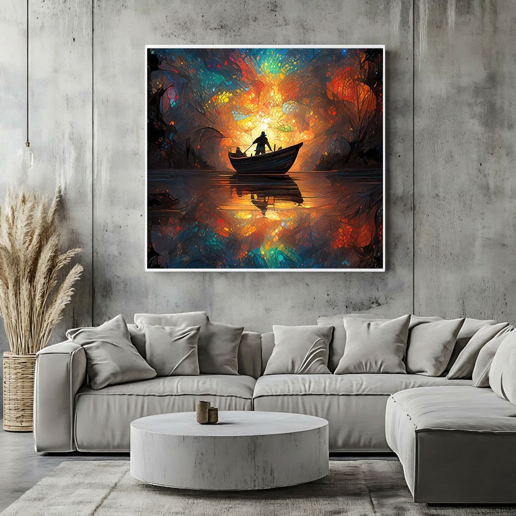 Wadi Home abstract boat wall art canvas print with vibrant colors displayed above a modern grey sofa in a living room.
