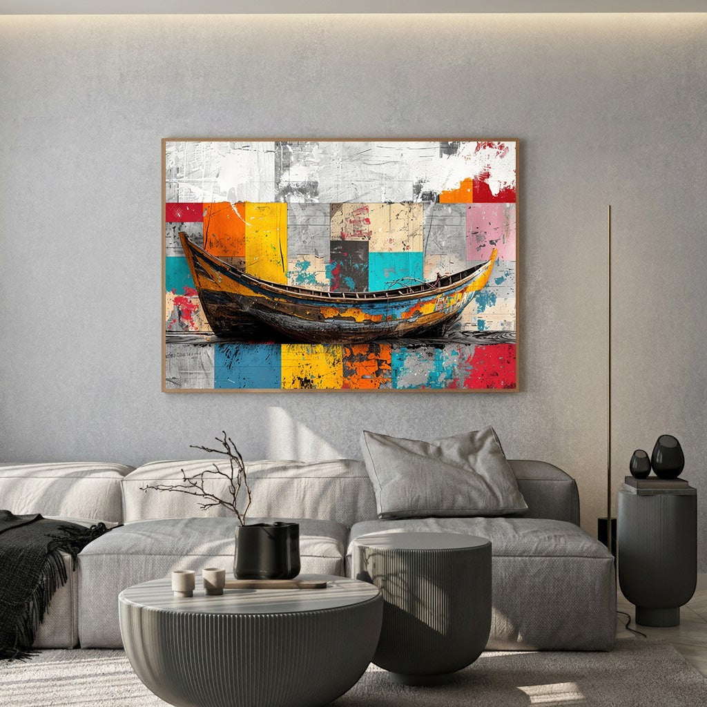 Wadi Home abstract boat canvas print with vibrant geometric background hanging above a modern grey sofa in a living room.