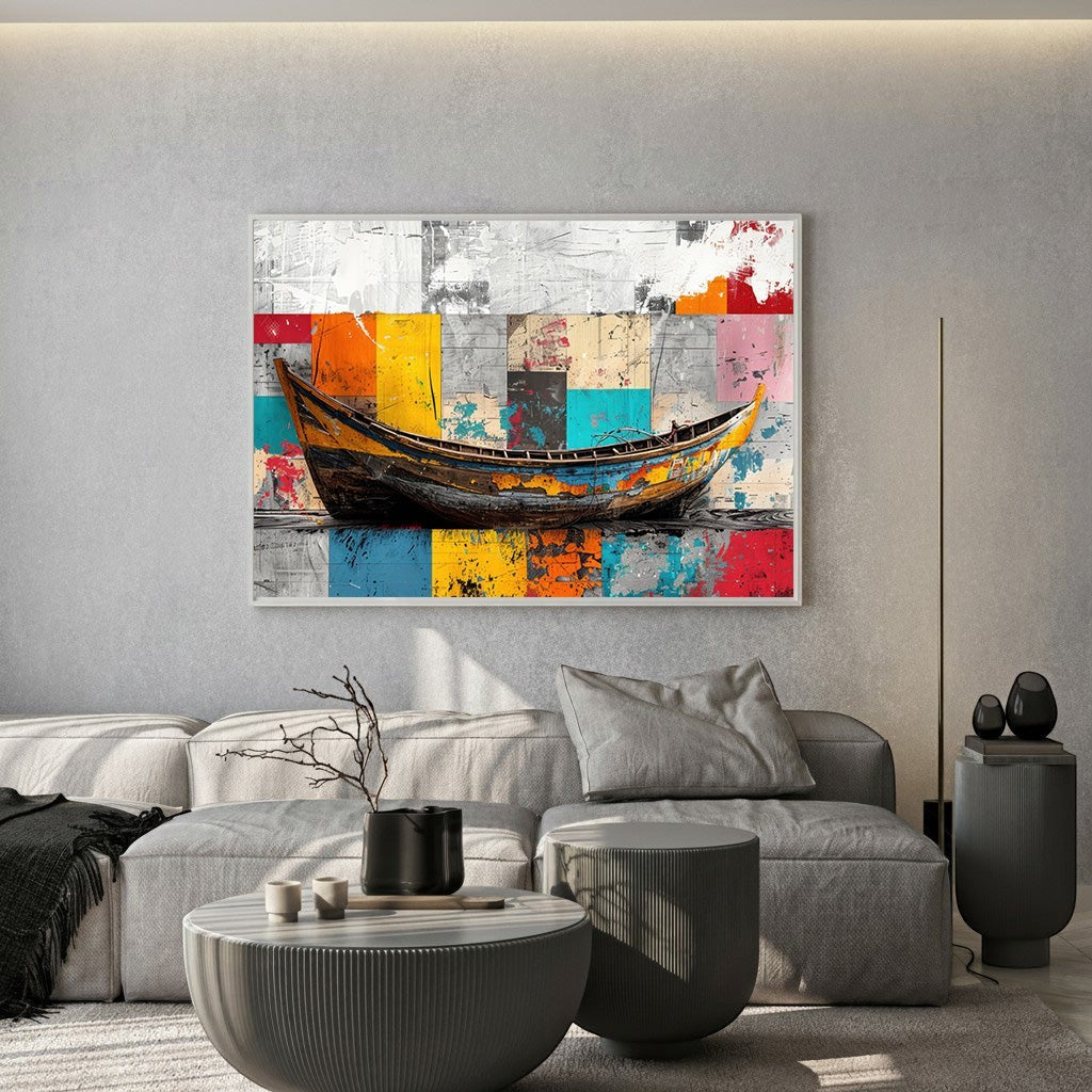 Wadi Home abstract boat canvas print with vibrant geometric background hanging above a modern grey sofa in a living room