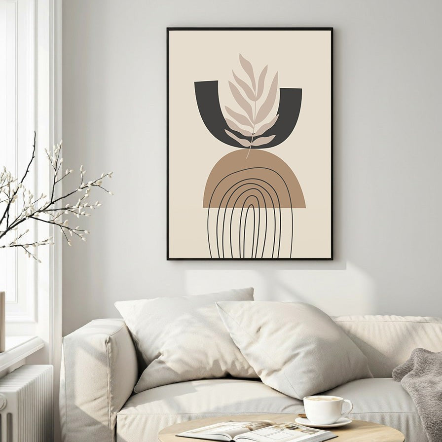 Wadi Home abstract botanical arch wall art with earthy tones and minimalist design. Features organic shapes and rainbow elements.