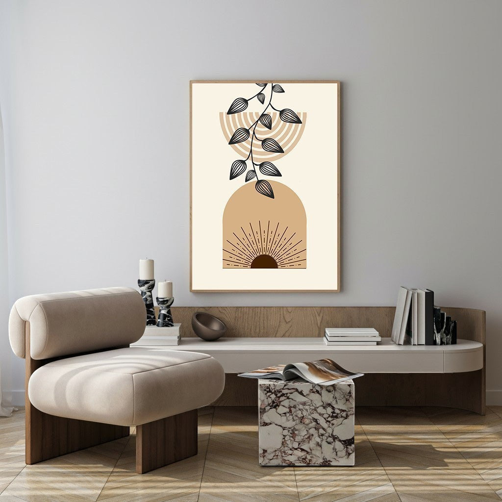 Wadi Home abstract botanical arch wall art with earthy tones, sunburst, and vine motif. Modern bohemian style.
