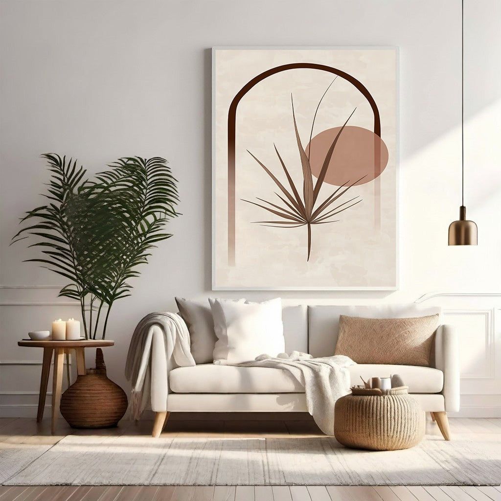 Wadi Home Abstract Botanical Arch Wall Art with earthy tones and minimalist design. Features a delicate botanical illustration framed by a modern arch.