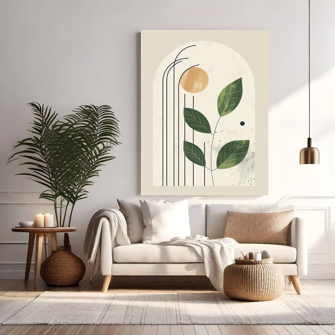 Wadi Home abstract botanical arch wall art with green leaves and sun motif on cream background.