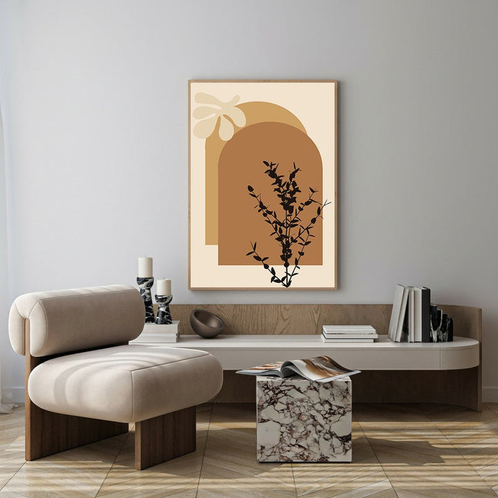 Wadi Home abstract arch botanical wall art with earthy tones and black silhouette of a plant.