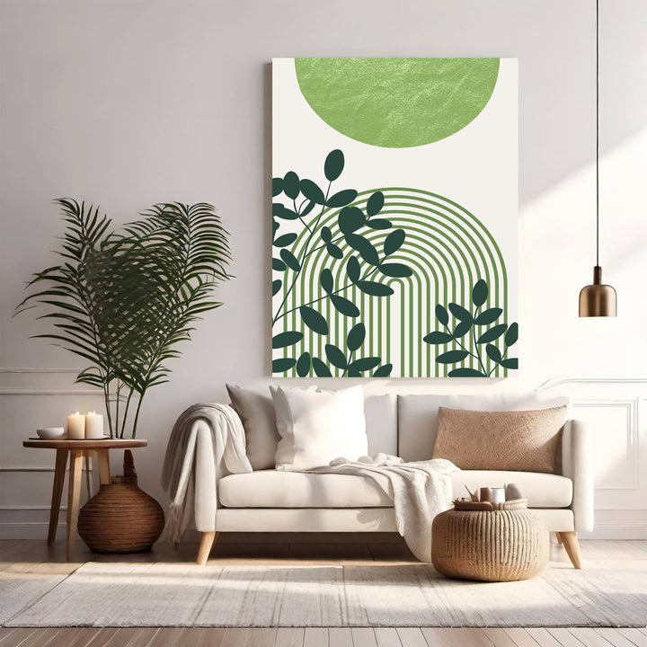 Wadi Home abstract botanical arch wall art with green foliage and minimalist design.
