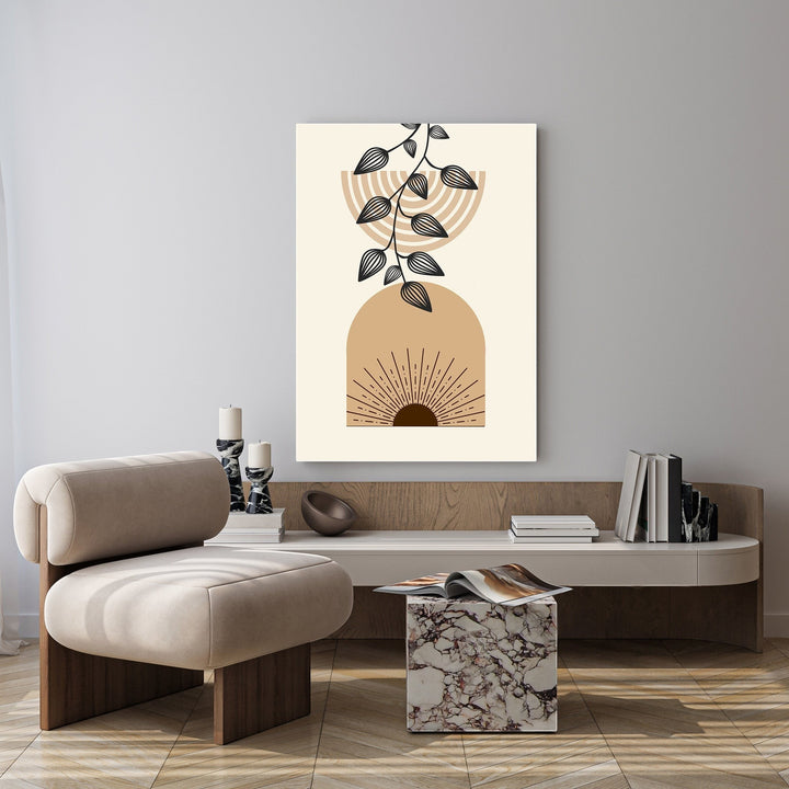 Wadi Home abstract botanical arch wall art with earthy tones and a sunburst motif.