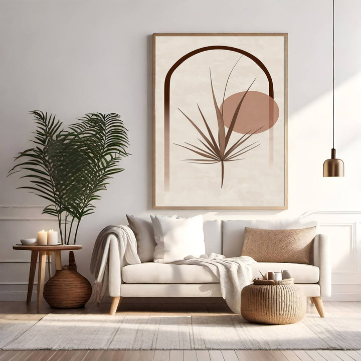 Wadi Home abstract botanical arch wall art in earthy tones with minimalist design and delicate plant illustration.