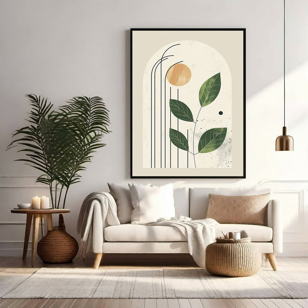 Wadi Home abstract botanical arch wall art with green leaves and sun motif on cream background.