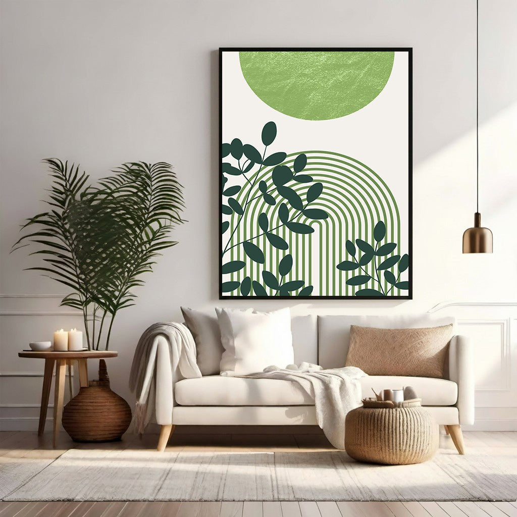 Wadi Home abstract botanical arch wall art with green foliage and concentric arches on a cream background.