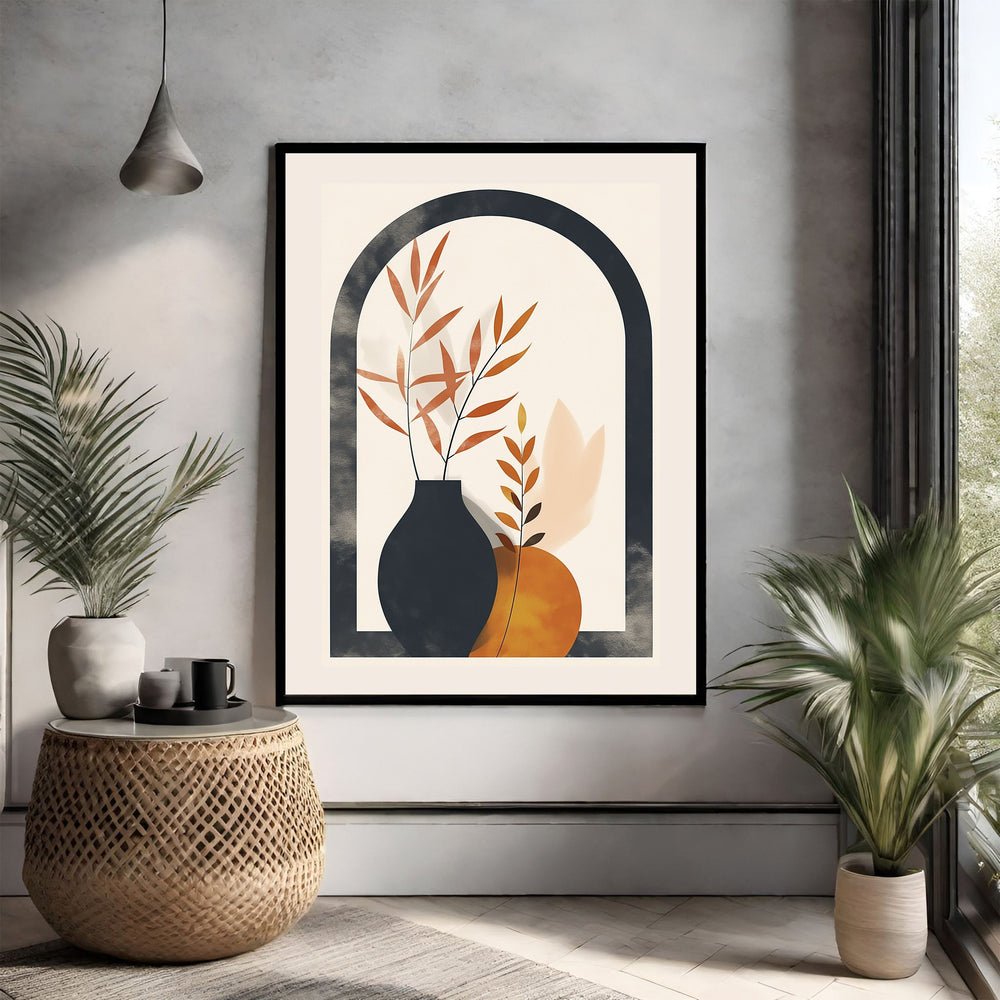 Wadi Home Abstract Botanical Archway Wall Art featuring burnt orange leaves in a dark vase on a cream background.