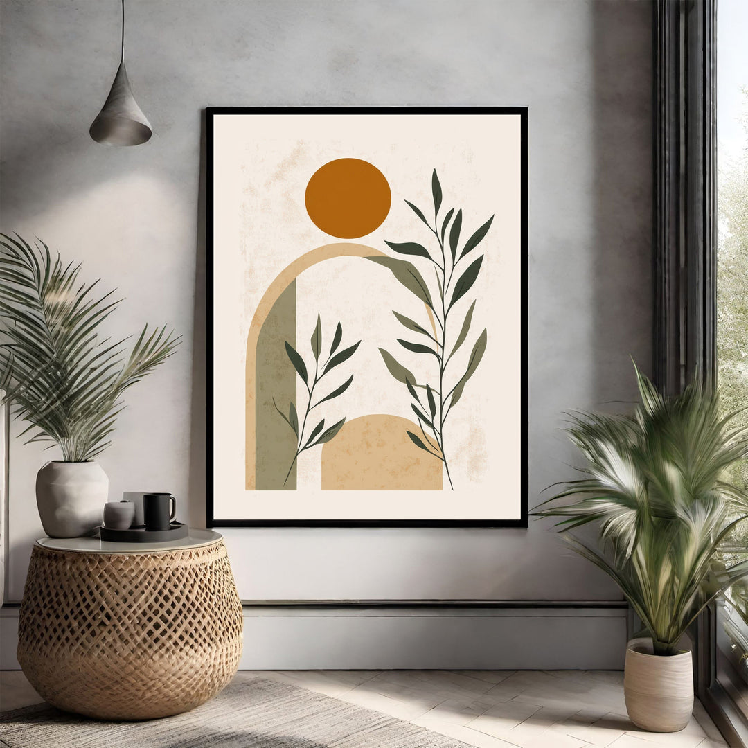 Wadi Home abstract botanical archway wall art with earthy tones and minimalist design. Features green leaves and a terracotta sun.