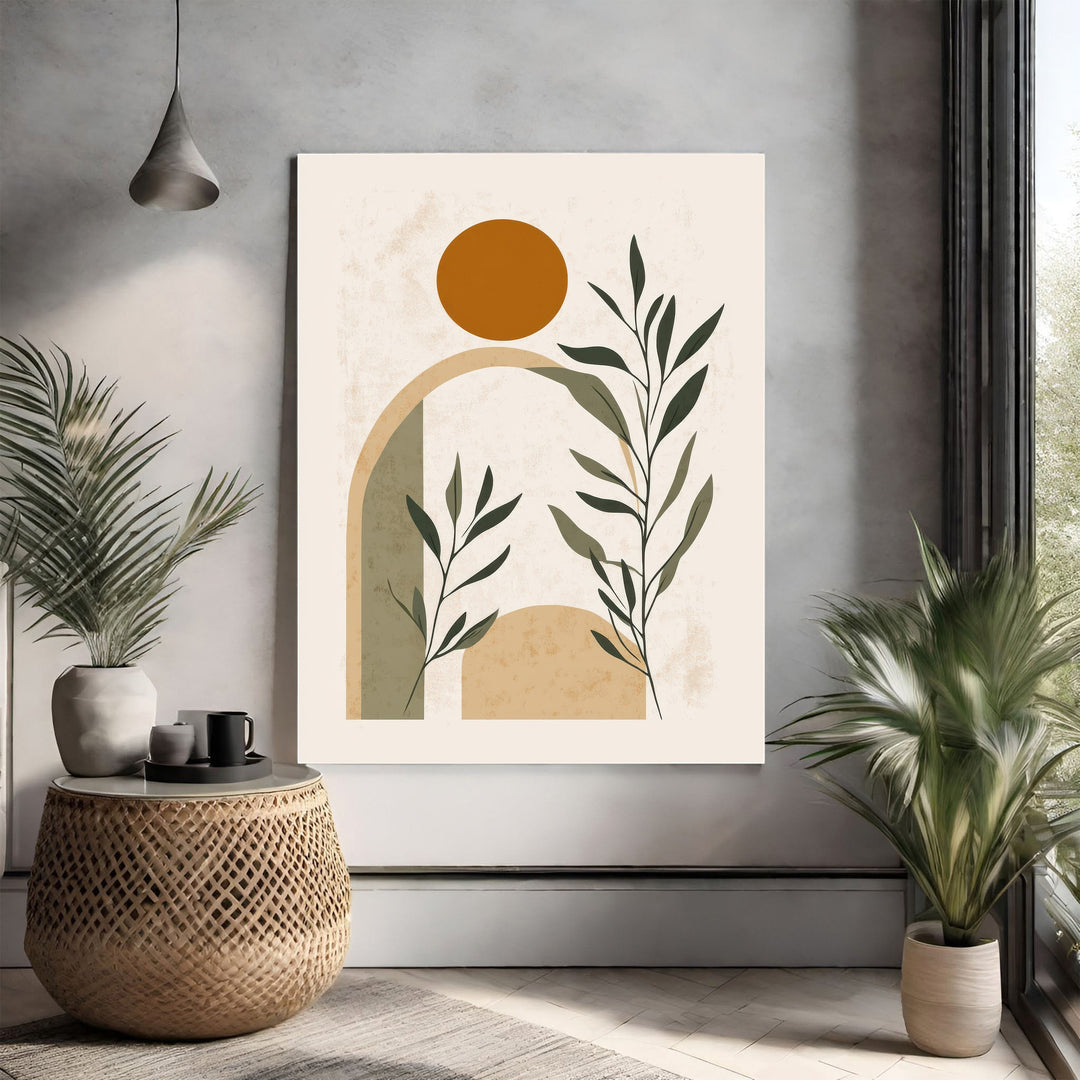 Wadi Home Abstract Botanical Archway Wall Art with earthy tones, green leaves, and a burnt orange sun.