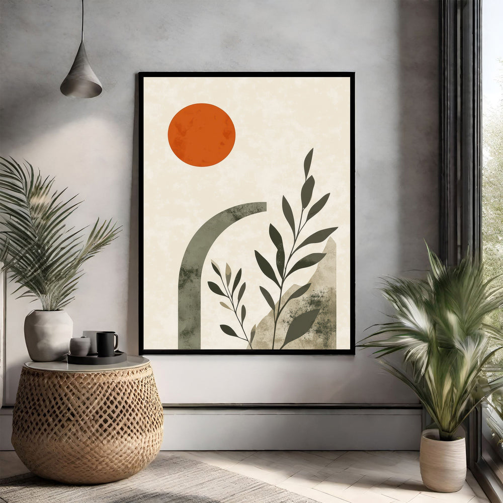 Wadi Home abstract botanical archway wall art with terracotta sun, muted green arch, and dark green leaves on beige background.