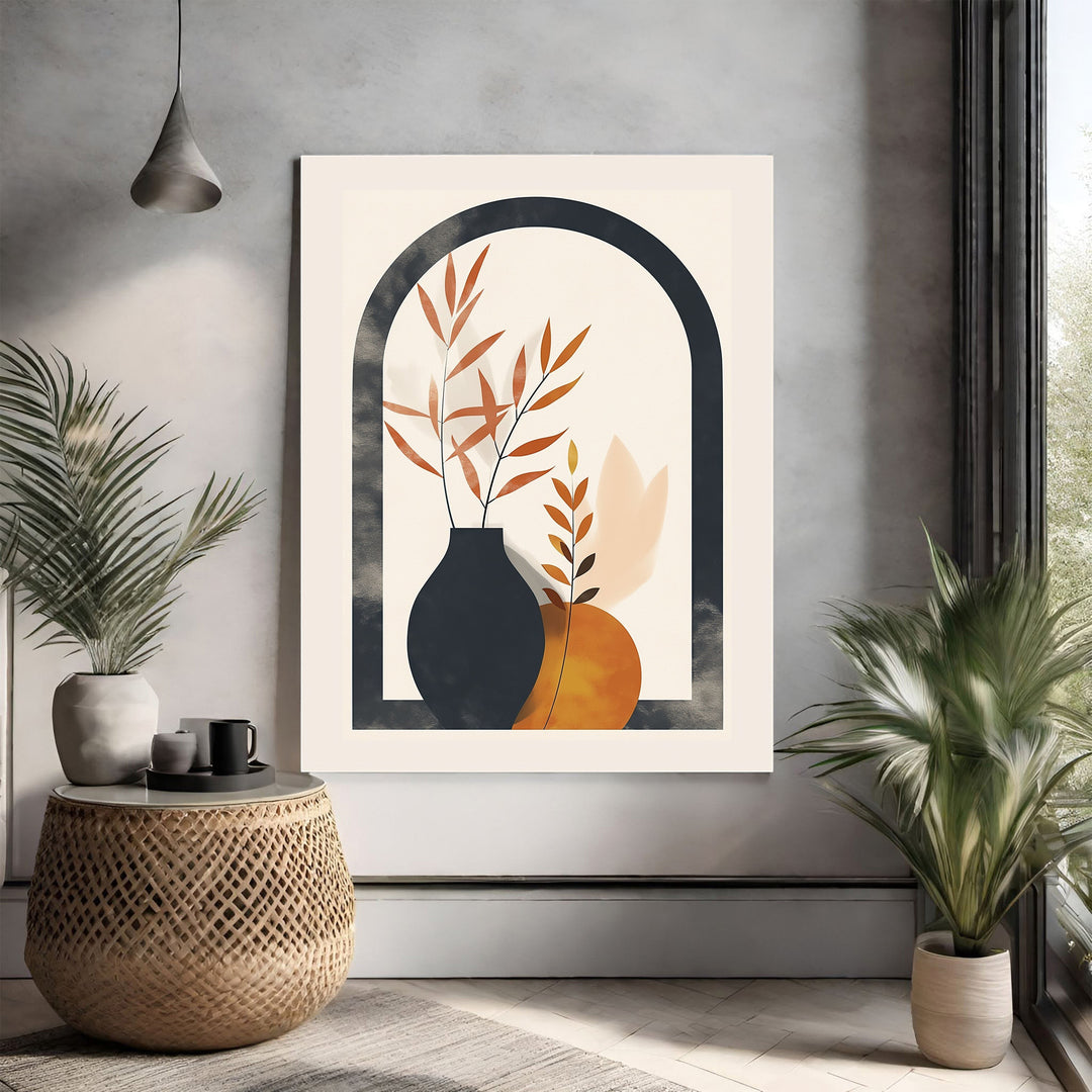 Wadi Home abstract botanical archway wall art with burnt orange leaves in a charcoal vase on a cream background.
