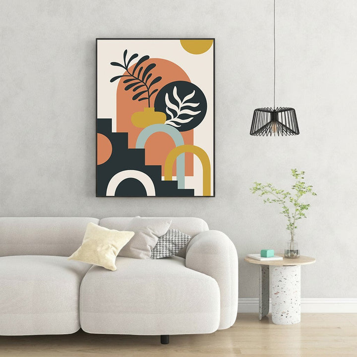 Wadi Home Abstract Botanical Archway Wall Art with terracotta, mustard yellow, and deep teal abstract shapes and botanical motifs.