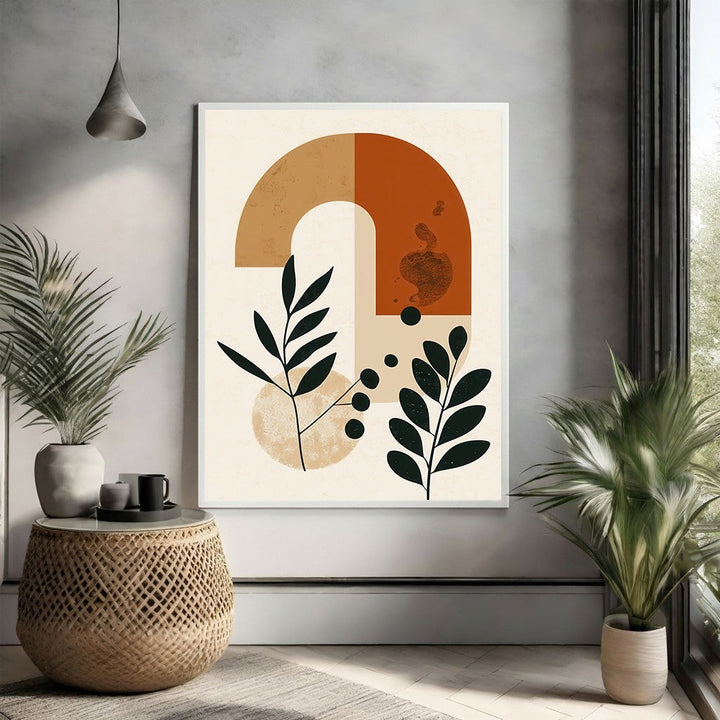 Wadi Home abstract botanical archway wall art with terracotta, beige, and black geometric shapes and leaf motifs.