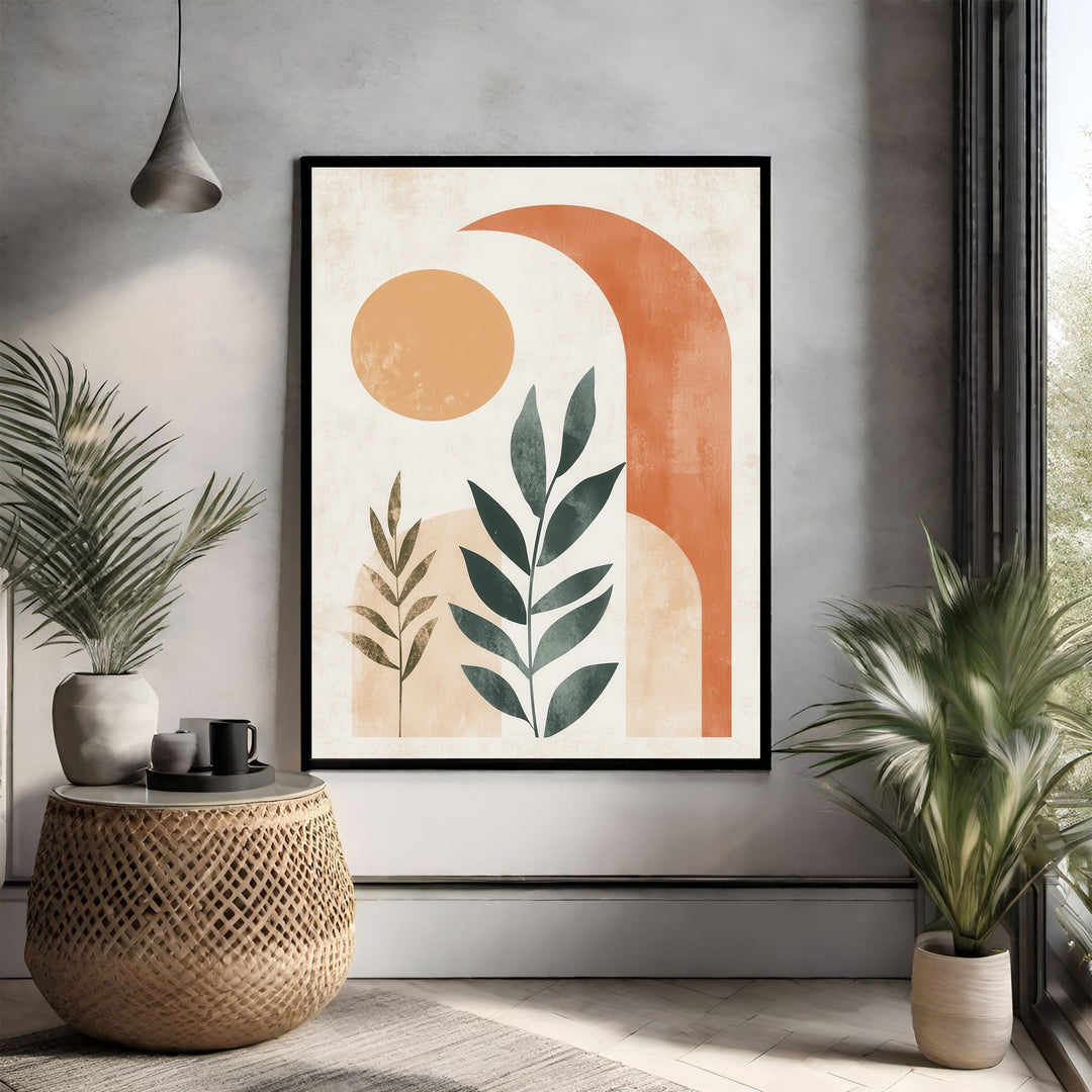 Wadi Home abstract botanical archway wall art with terracotta, beige, and green tones. Features sun and plant motifs.