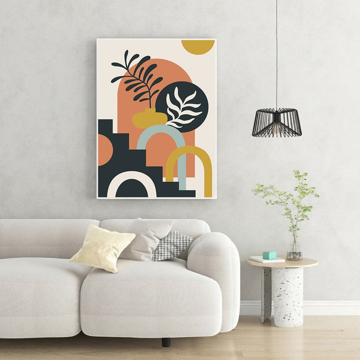 Wadi Home abstract botanical archway wall art with terracotta, mustard yellow, and deep teal abstract shapes and botanical motifs.