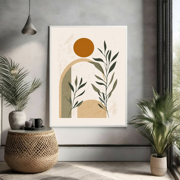 Wadi Home abstract botanical archway wall art with earthy tones, green leaves, and a sun motif.