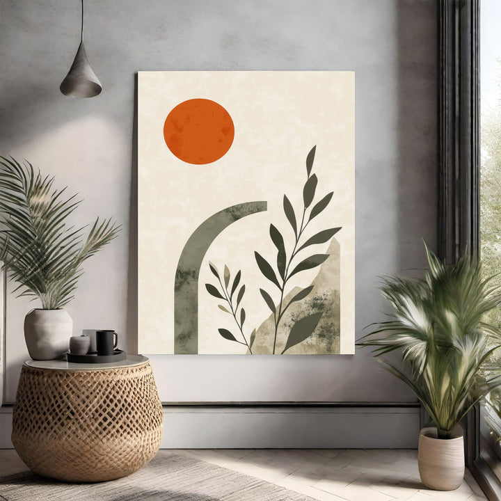 Wadi Home abstract botanical archway wall art with terracotta sun, muted greens, and beige tones.