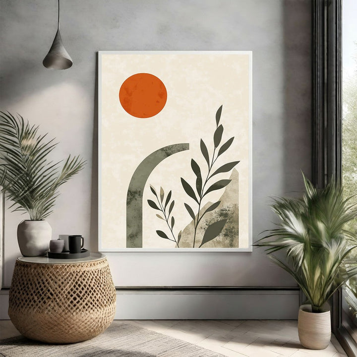 Wadi Home abstract botanical archway wall art with terracotta sun, muted green arch, and dark green leaves on beige background.