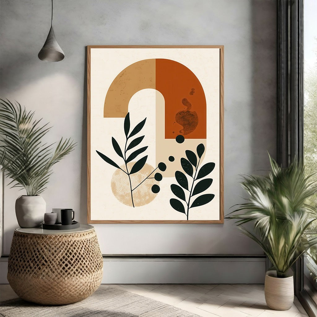 Wadi Home abstract botanical archway wall art with terracotta, beige, and black geometric and leaf designs.