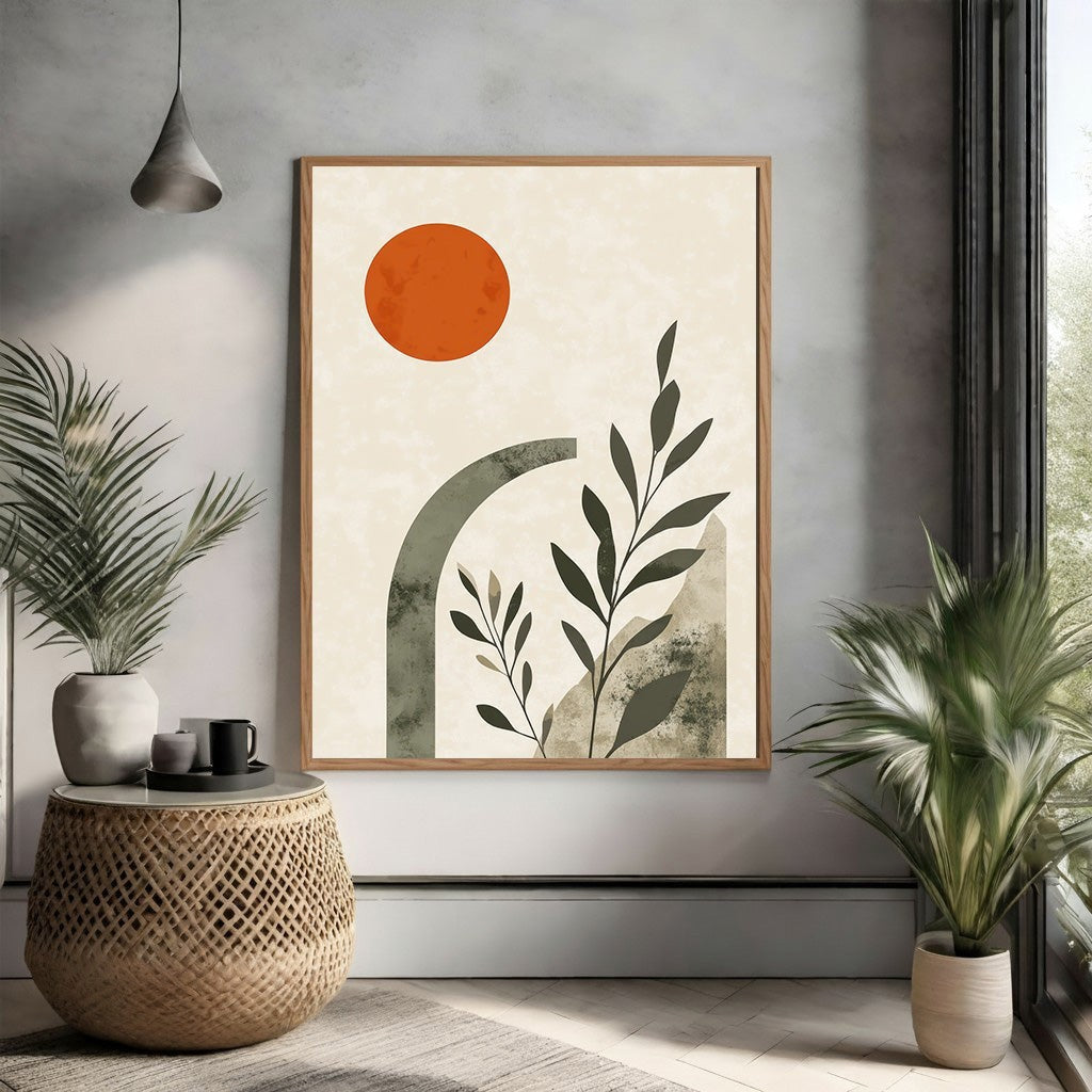 Wadi Home abstract botanical archway wall art with terracotta sun, muted green arch, and dark green leaves on cream background.