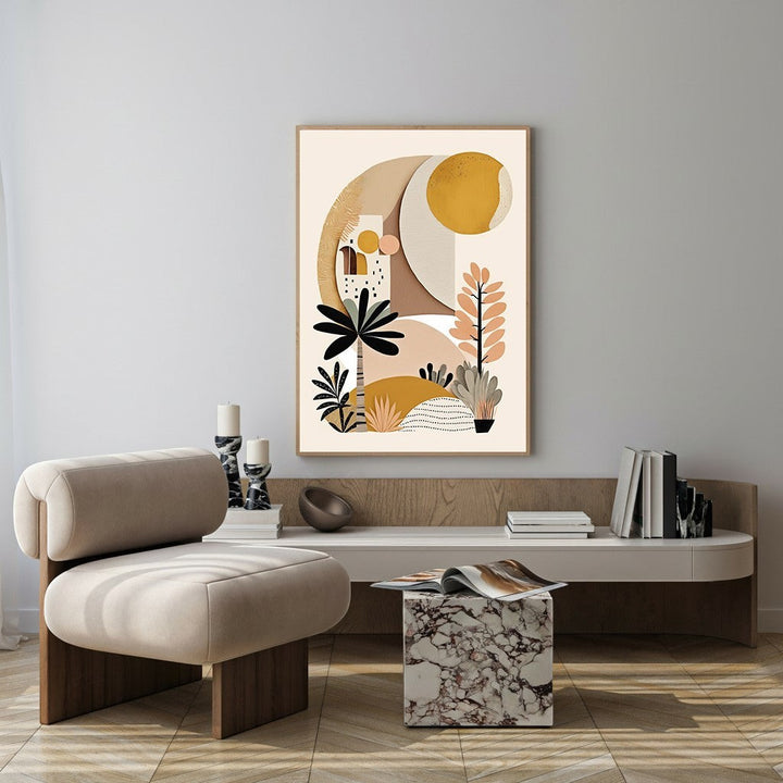 Wadi Home abstract botanical landscape art with sun, palm trees, and plants in warm earth tones, framed with MDF and glass.