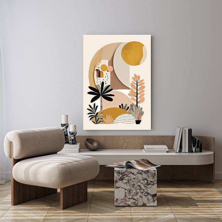 Wadi Home abstract botanical landscape art with warm earthy tones, featuring stylized plants and a sun motif. Framed print with glossy finish.
