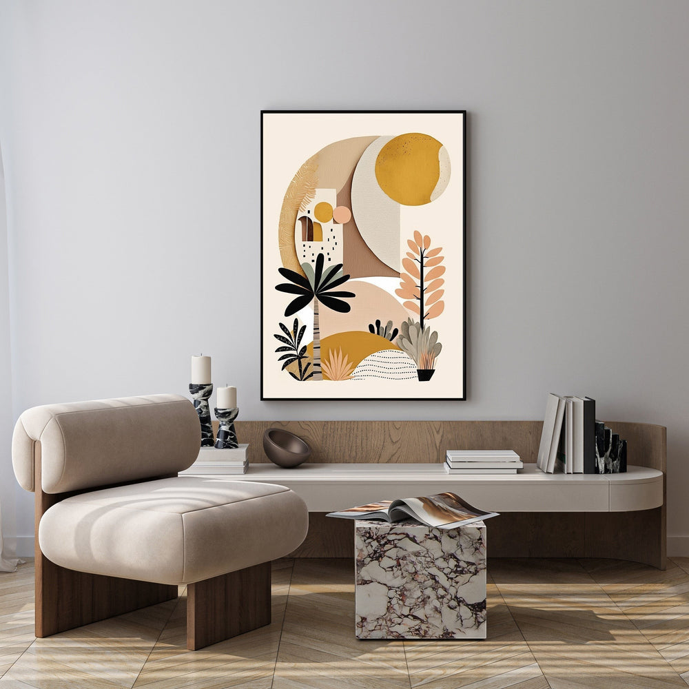 Wadi Home abstract botanical landscape art with a yellow sun, palm trees, and desert plants in warm earth tones, framed in black.