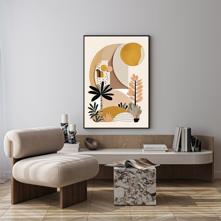 Wadi Home abstract botanical landscape art with a yellow sun, palm trees, and desert plants in warm earth tones, framed in black.