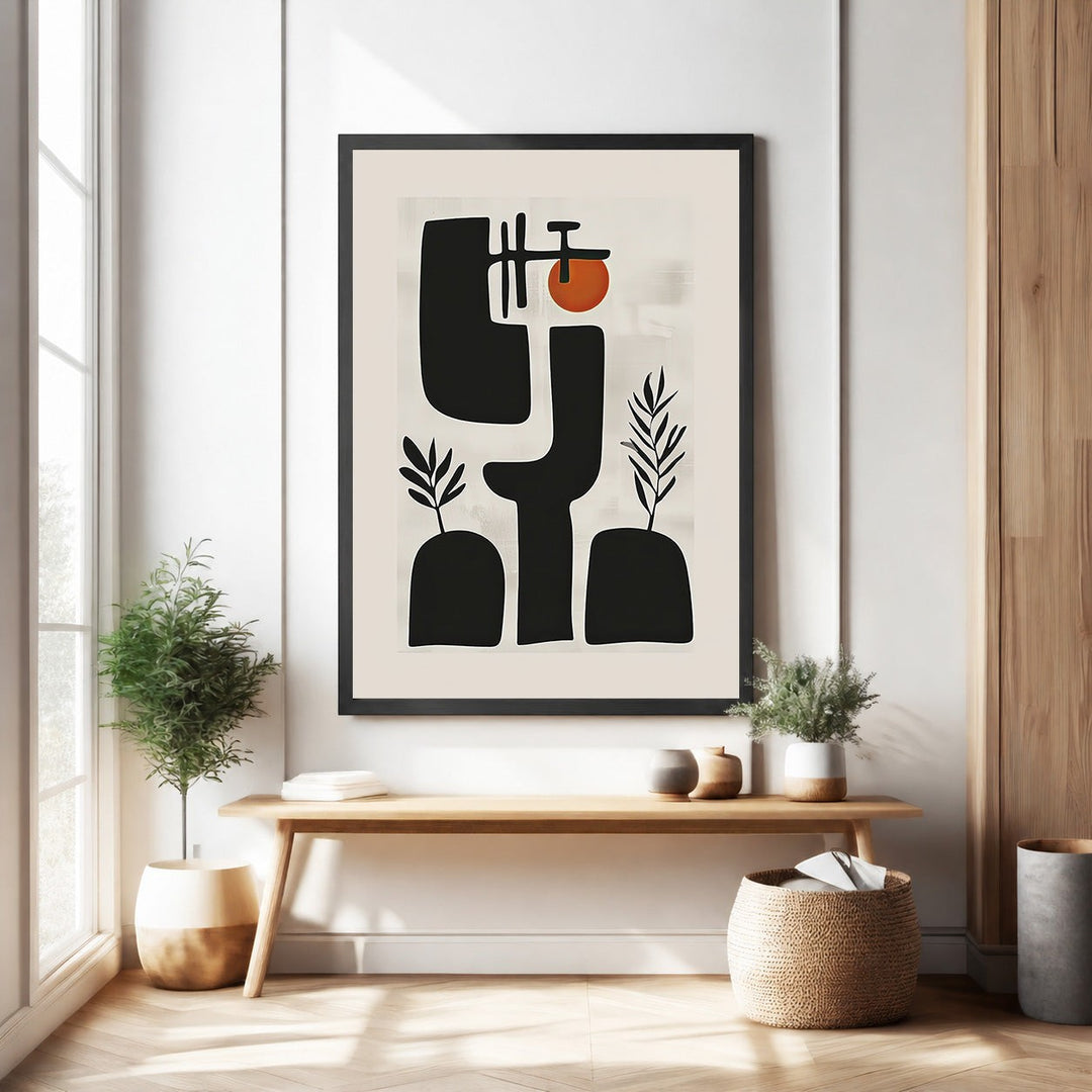 Wadi Home abstract botanical mid-century modern art print with black shapes, plant motifs, and terracotta sunburst.
