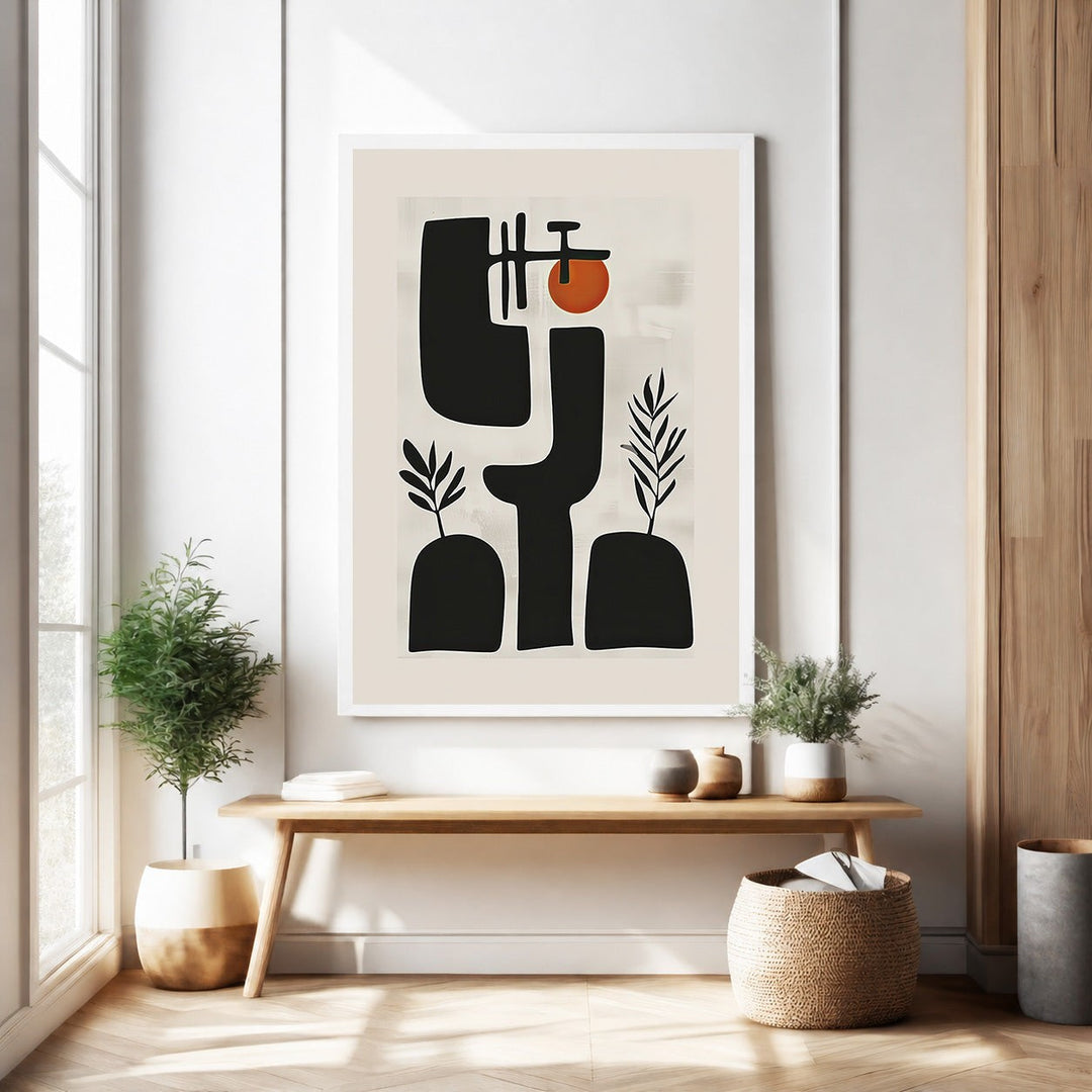 Wadi Home abstract botanical art print with black shapes, terracotta sunburst, and minimalist plant motifs.