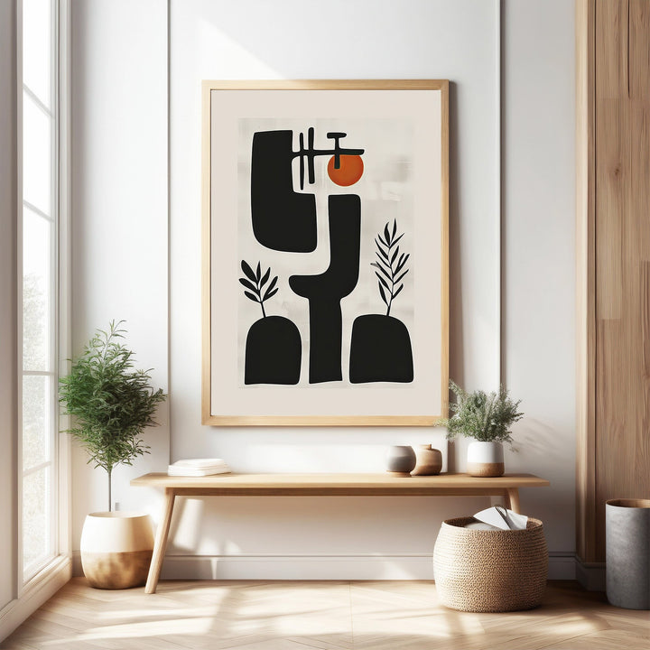 Wadi Home Abstract Botanical Mid Century Modern Art Print with black shapes, plant motifs, and terracotta sunburst.