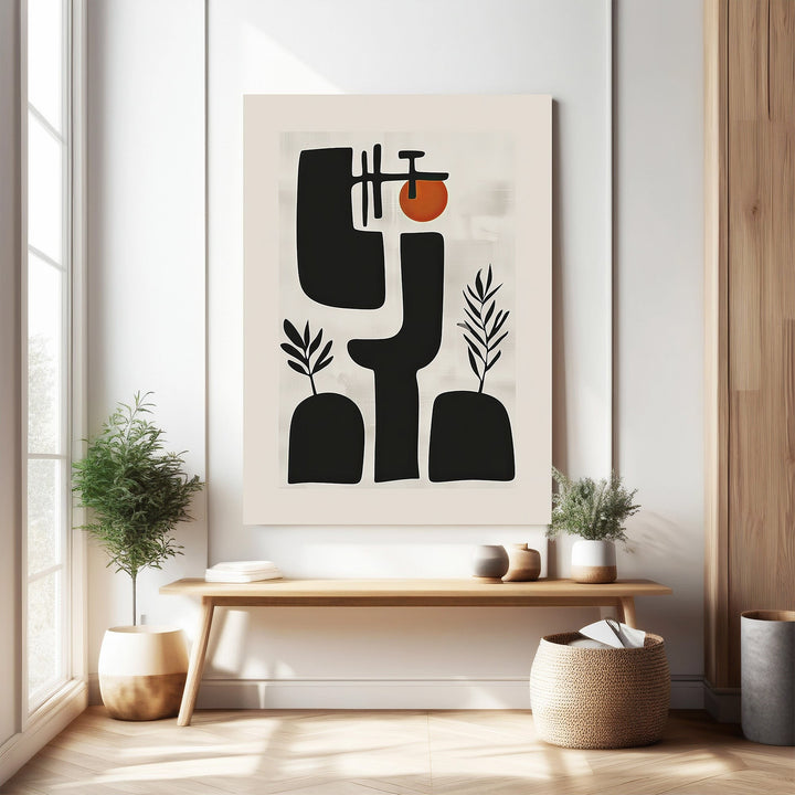Wadi Home abstract botanical art print with black shapes, terracotta sunburst, and minimalist plant motifs. Mid-century modern style.